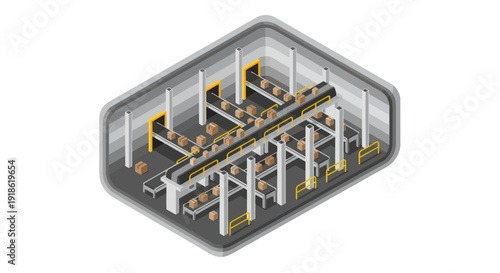 Automated Warehouse Interior with Conveyor Systems and Robotic Arms.