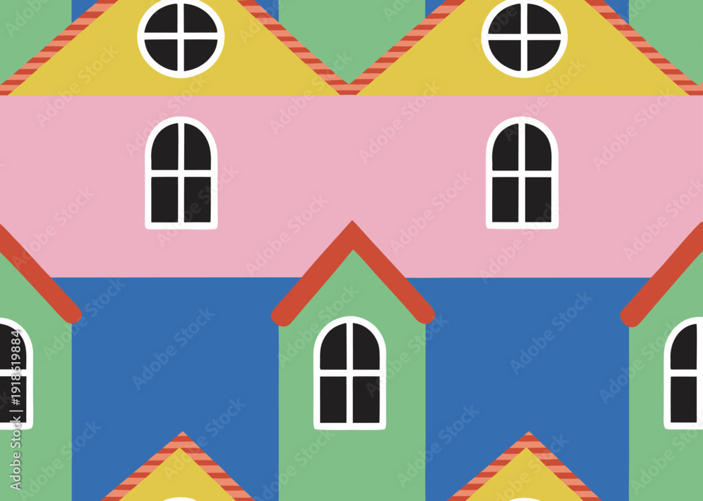 Fototapeta premium Colorful seamless pattern with stylized houses in pink, yellow, blue, and green tones.