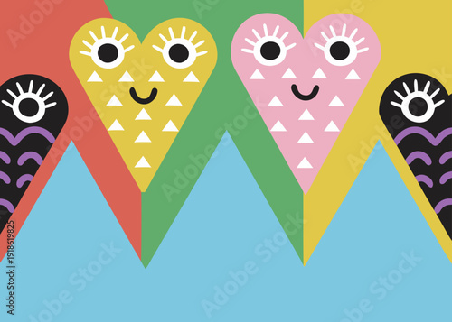 Smiling yellow and pink hearts with white triangles are centered between black stylized fish shapes on large geometric color blocks.