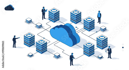 Cloud computing network with servers and people working.