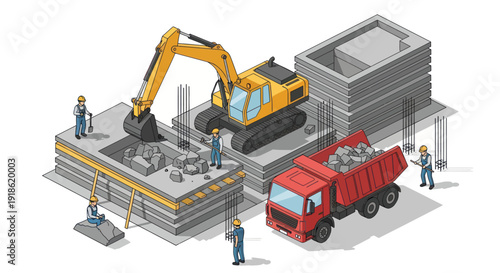 Construction site with excavator truck and workers building structure.