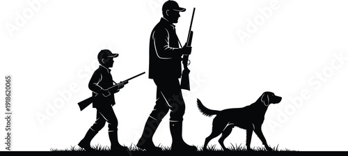 Hunter and child with rifles walking alongside dog silhouette, outdoor hunting scene vector illustration symbolizing tradition, teamwork and wilderness lifestyle isolated on white background