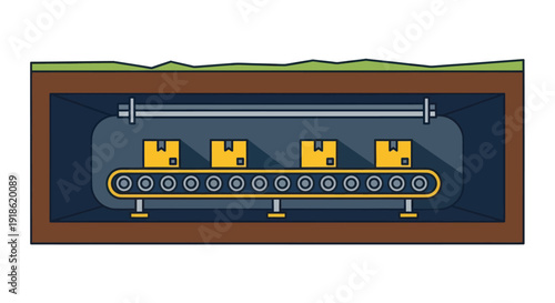 Conveyor belt system with boxes in a factory setting.