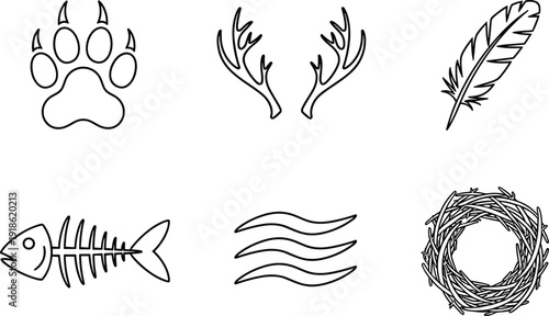 Nature symbol line icon set featuring paw print, antlers, feather, fish bone, wind waves and bird nest, minimalist wildlife elements isolated on white
