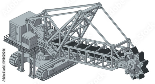 Detailed Illustration of a Large Industrial Bucket-Wheel Excavator.