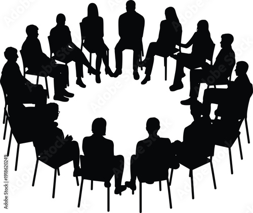 Business meeting group silhouette of people sitting in circle chairs for team discussion, therapy session, workshop or support group isolated on white