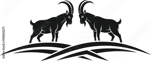 Pair of mountain goats standing on rocky hills silhouette illustration, wild alpine animals vector design symbolizing strength, balance and wilderness nature isolated on white background