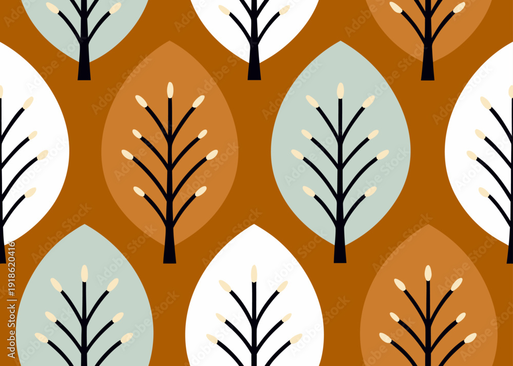 Fototapeta premium Stylized branches grow inside colored oval leaves on a brown surface.