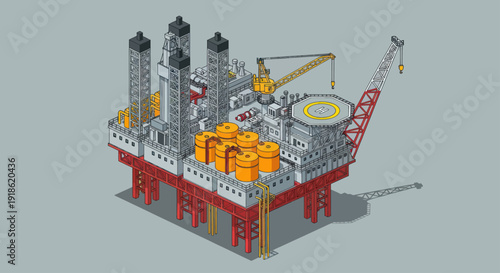 Detailed offshore oil rig platform for energy extraction.