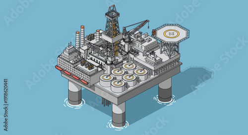 Detailed Isometric View of an Offshore Oil Rig Platform.