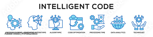 Blue - Intelligent Code web banner icon vector illustration concept for business with icon of Machine Learning, generating algorithms, algorithmic, Code Optimization, processing time, Data Analytics,.