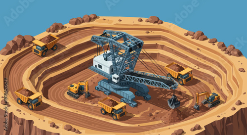 Giant Excavator Machine Working in Open Pit Mine with Trucks.