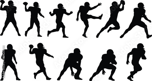 American football player action silhouettes set with quarterback pass running tackle sport vector illustration collection