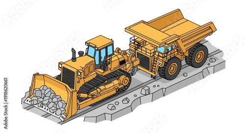 Heavy Construction Machinery Bulldozer and Dump Truck Working Together.