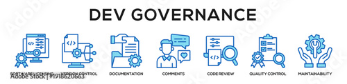 Blue - Dev Governance web banner icon vector illustration concept for business with icon of Software Licensing, Version Control, documentation, comments, Code Review, Quality Control,.