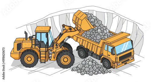 Heavy construction machinery loading rocks into a dump truck at a quarry site.