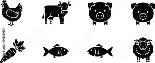 Farm animals and food icons set with cow pig chicken fish sheep carrot silhouette vector illustration collection