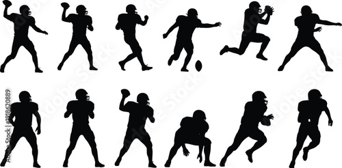 American football player silhouettes set with quarterback running back action poses sport team vector illustration collection