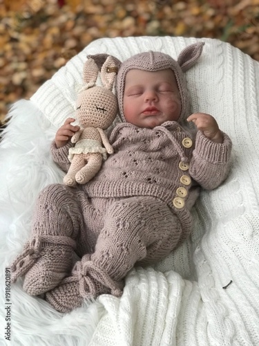 Bild auf Leinwand Realistic reborn baby doll sleeping on soft white fur, wearing handmade knitted