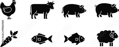 Farm animals and food silhouette icons set with cow pig chicken fish sheep carrot vector illustration collection
