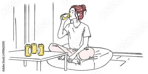 自宅で缶ビールを飲みながらくつろぐ女性の線画イラスト｜宅飲み・リラックス