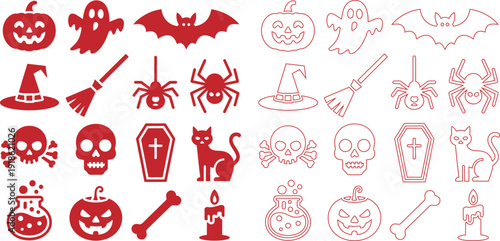 Halloween set with pumpkins ghosts bats witches hats spiders coffins cats and bones