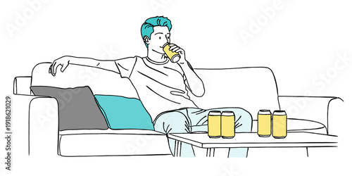 自宅のソファでビールを飲みながらくつろぐ男性の線画イラスト｜リラックス・宅飲み