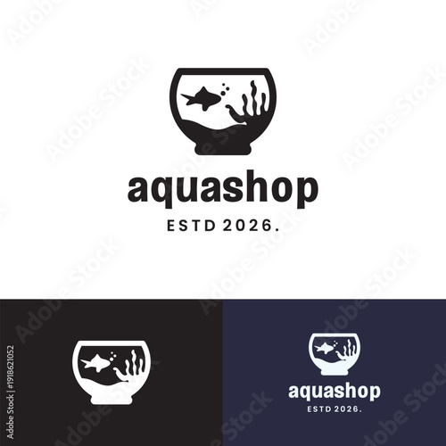 Modern minimalist logo design featuring a fish bowl silhouette with a fish and aquatic plants inside. Clean, simple, and professional branding concept for aquascape businesses, aquarium shops,