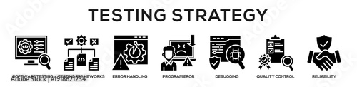 Glyph - Testing Strategy web banner icon vector illustration concept for business with icon of software testing, Testing Frameworks, Error Handling, Program Eror, debugging, Quality Control,.