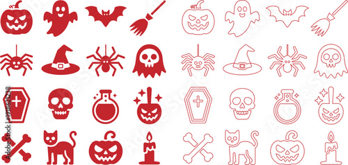 Halloween set with pumpkins ghosts bats witches hats spiders coffins skulls and bones