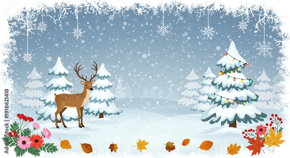 Fototapeta premium Winter landscape with deer and snow-covered trees