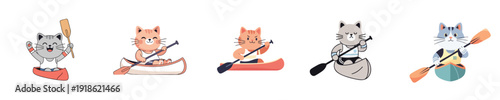Cute Cats canoe paddling outdoor adventure flat vector character set
