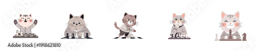 Cute Cats chess strategy gameplay thinking flat vector character collection