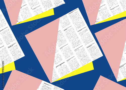 Pink and yellow geometric shapes and white newspaper fragments with black text are scattered across a solid dark blue background in a seamless collage.