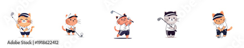 Cute Cats golfing activity with club swing flat vector character set
