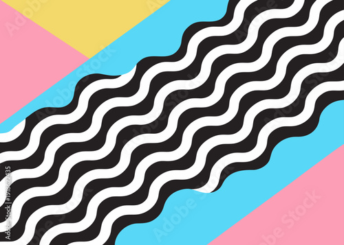 Monochromatic black and white wavy lines flow diagonally over a geometric background composed of pastel pink, yellow, and light blue shapes.