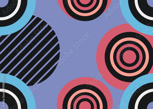 Colorful concentric circles in pink, blue, and black are scattered across a flat lavender field with one striped sphere among them.