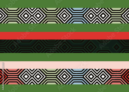 A horizontal seamless pattern features a green field with red and pink stripes and bands containing black and white concentric diamonds.