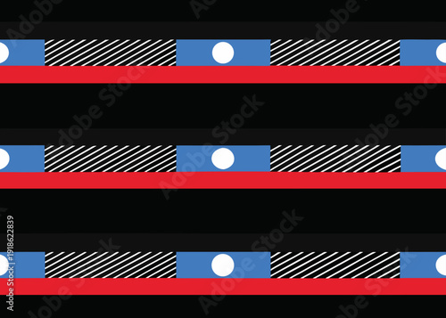 A horizontal seamless pattern shows blue bands with white dots and striped black segments on a black background with a red horizontal stripe.