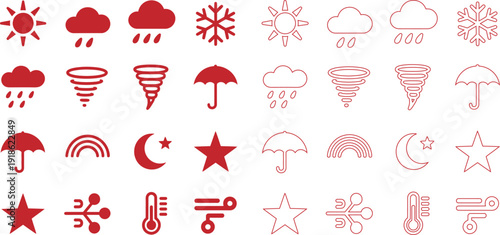 Weather showing sun clouds rain snowflake tornado umbrella and rainbow