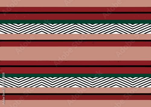A horizontal seamless pattern features maroon and coral bands separated by black lines with white bands containing black zigzag patterns.