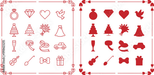 Wedding set with rings diamonds hearts doves cakes flowers dresses champagne and cars