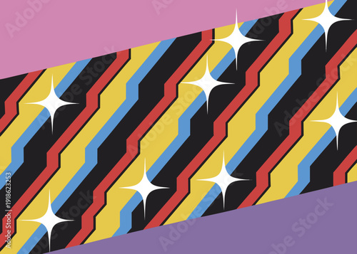 A dynamic seamless pattern displays jagged diagonal stripes in black, yellow, red, and blue with white four-pointed stars over a pink upper section.