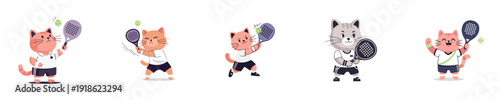 Cute Cats playing tennis sport characters flat vector collection