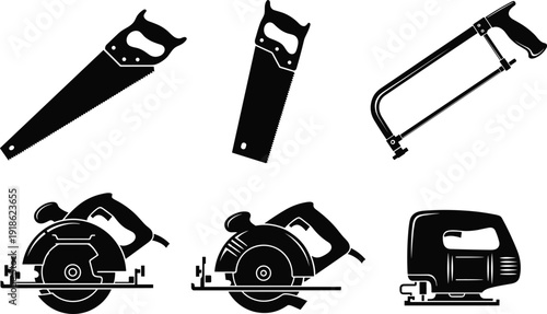 Hand and Power Saws Silhouette Set Including Handsaw Hacksaw Circular Saw and Jigsaw Isolated on White Background Vector Illustration Collection
