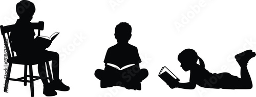 Children Silhouetted Reading Books in Different Poses on White Background vector