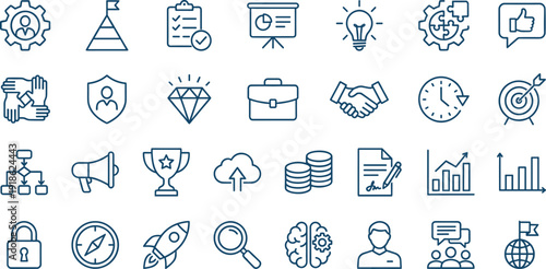Collection of business and finance line icons on a white background vector illustration