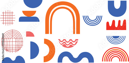 Abstract geometric shapes in red, blue, orange featuring semi circles, arches, waves, spheres, modern design, artistic balanced composition concept