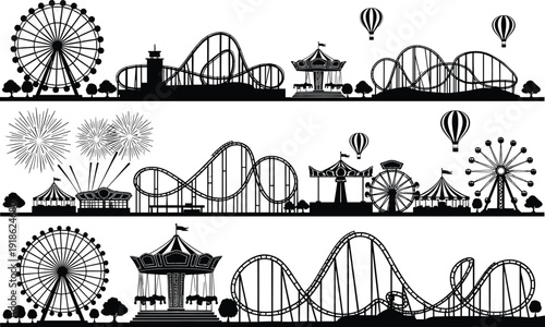 Amusement park silhouette illustration with Ferris wheels, roller coasters, carousels, fireworks, hot air balloons, creative vector art for festive themes