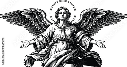 Angelic silhouette illustration of divine figure with halo, wings spread wide, serene expression, spiritual vector art for religious themes